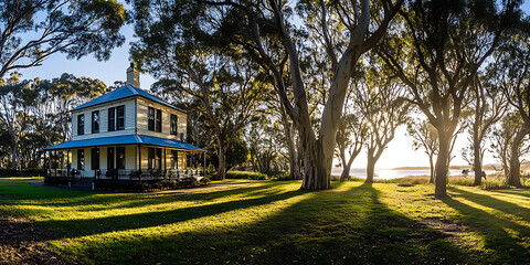 Obraz premium Panoramic photo of an adorable and beautiful two-story beach house with a blue roof, white walls, and dark windows, on the grassy lawn of a coastal area in South Australia.