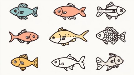 Nine colorful fish illustrations, aquatic life, seafood, white background, icon set, graphic design