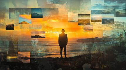 A powerful and artistic composition featuring the silhouette of a man standing against a vivid sunset sky, surrounded by a collage of diverse landscape photographs.  Generative AI