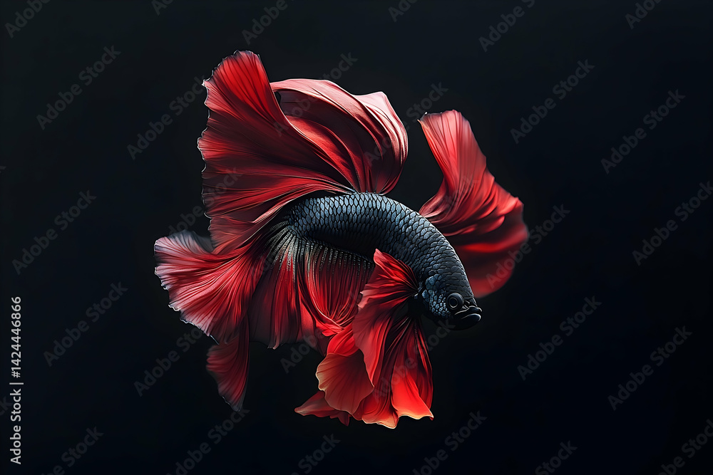 Poster striking red and black betta fish in dynamic pose.