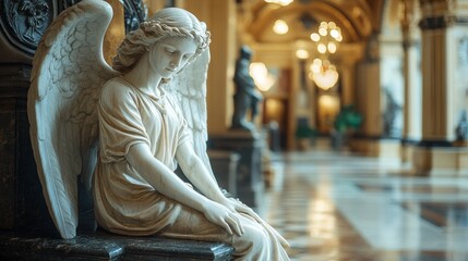 Serene angel sculpture with spread wings on bench in elegant interior setting for tranquility and reflection themes