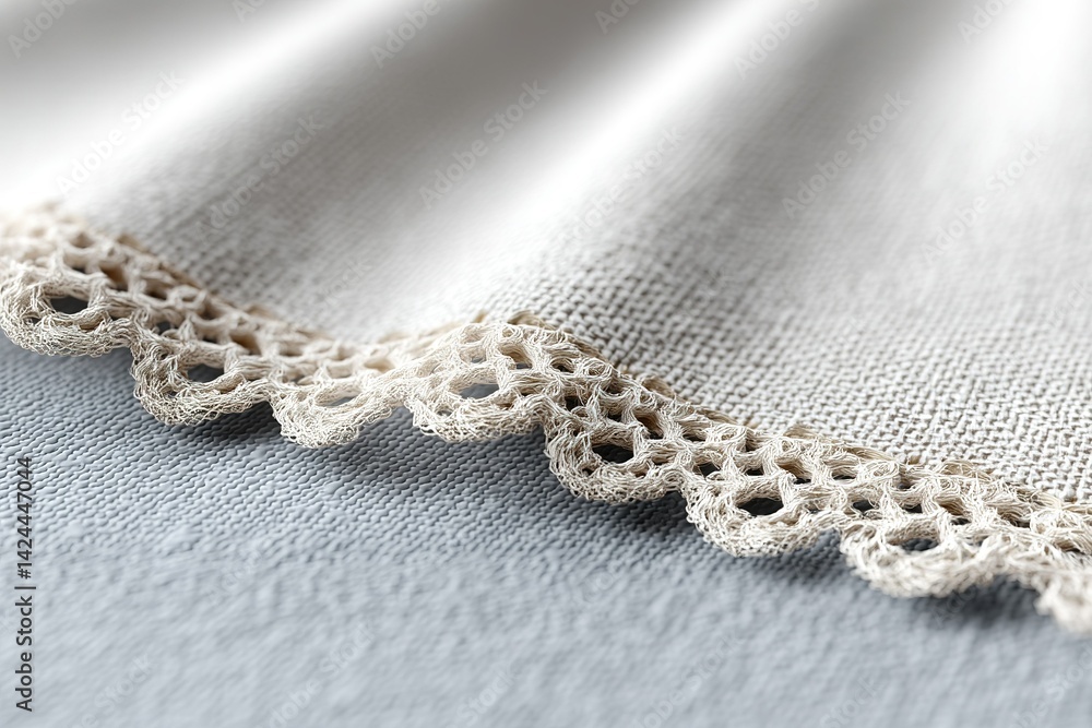 Poster delicate lace trim on a soft linen fabric highlighting intricate craftsmanship and texture