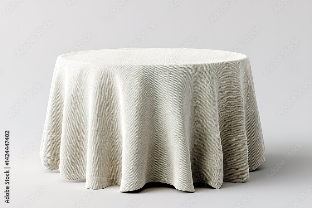 Poster elegant round table draped with a soft, textured tablecloth in a minimalistic setting