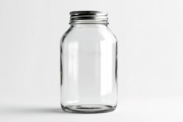 Clear glass jar with metal lid showcased on plain background for versatile storage use in various activities