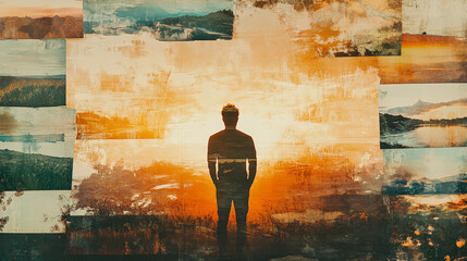 A powerful and artistic composition featuring the silhouette of a man standing against a vivid sunset sky, surrounded by a collage of diverse landscape photographs.  Generative AI