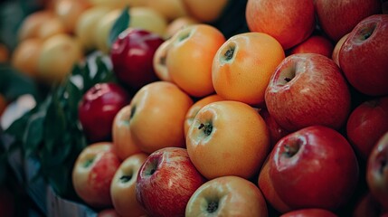 Fresh apples on display at market with vivid depth of field