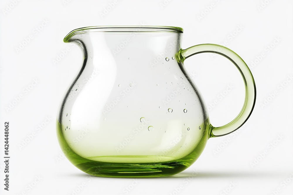 Poster clear glass pitcher with a green base displaying water droplets in a minimalistic setting