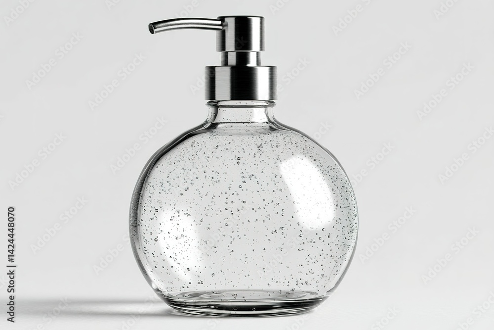 Poster elegant clear soap dispenser showcasing bubbles against a minimalist background in a modern setting