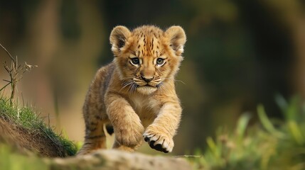 Fototapeta premium Cute lion cub in the wild. Lion cub running on safari.