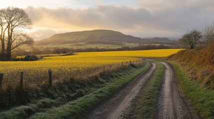 Obraz premium Country lane through golden fields at sunrise. Possible stock photo use Landscape image