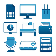 Blue icons: Office and Technology Gadgets, Vector Illustration