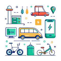 Colorful Flat Design Illustration of Cityscape and Objects