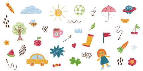 Set of children's drawings. Cute kid flower, cloud, summer illustration. Hand drawn doodle sketch children cute vector school background. Kids doodle crayon style line. Vector illustration