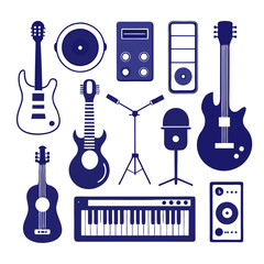 Vector illustration of music instruments in blue silhouette