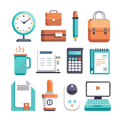 Office Supplies, Stationery, and Business Tools Illustration Flat Lay