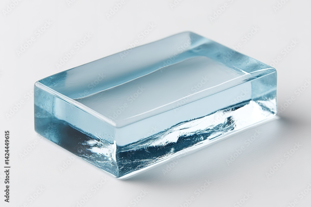 Poster clear blue soap bar placed on a smooth surface with soft light highlighting its transparency and tex