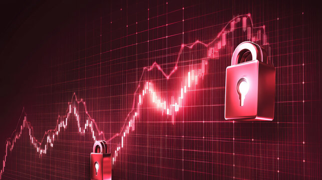 A visually compelling image blending cybersecurity and financial success, this concept illustration showcases rising stock market graphs integrated with digital lock icons. Generative AI
