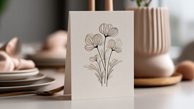 A minimalist Mothera??s Day card with clean floral lines, set on a modern dining table with neutral tones and elegant d?(C)cor, captured in