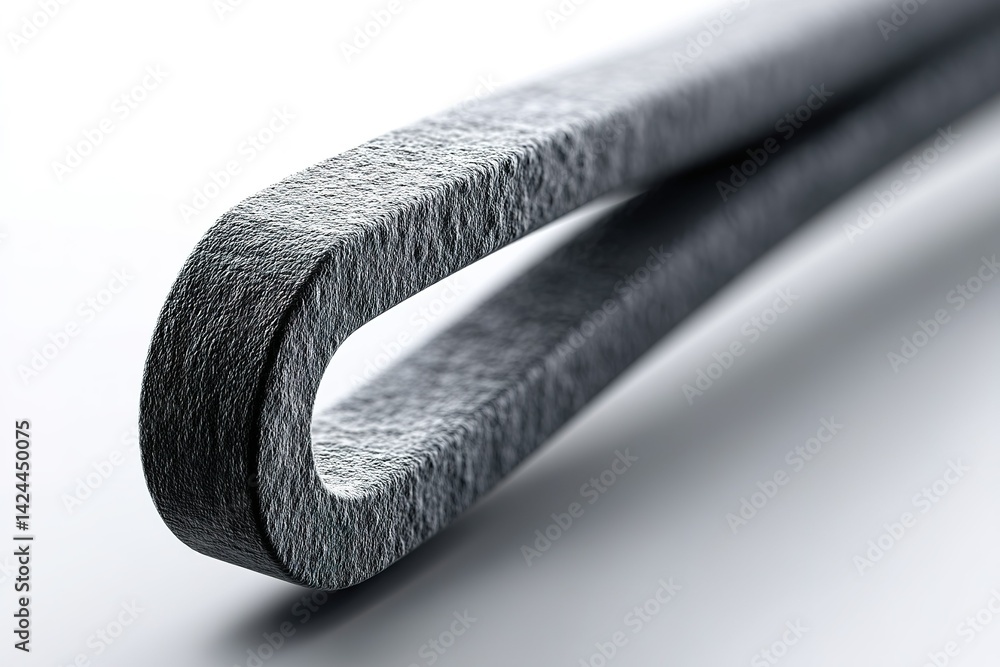 Poster creative design of a black curved metal object highlighting texture and form in a minimalist setting