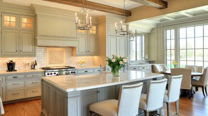 Spacious light-filled kitchen with wooden beams and island.