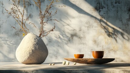 Minimalist ceramic vase and cup set in natural lighting