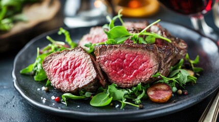 Artistic plating of blue rare beef with microgreens and wine glass.