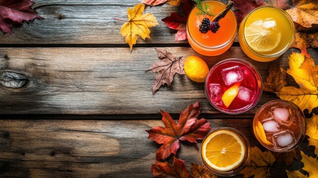 A vibrant assortment of cocktails is elegantly arranged on a rustic wooden table adorned with autumn leaves, inviting warmth and festive cheer