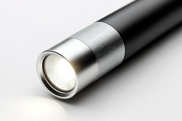 Shiny flashlight with a metallic finish illuminating a surface in a dark environment
