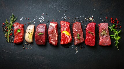 A row of beef slices from rare to well done placed artistically with garnishes, capturing juiciness and doneness levels.