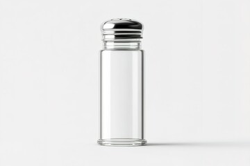 Clear glass salt shaker on white background designed for kitchen or dining room use in modern settings