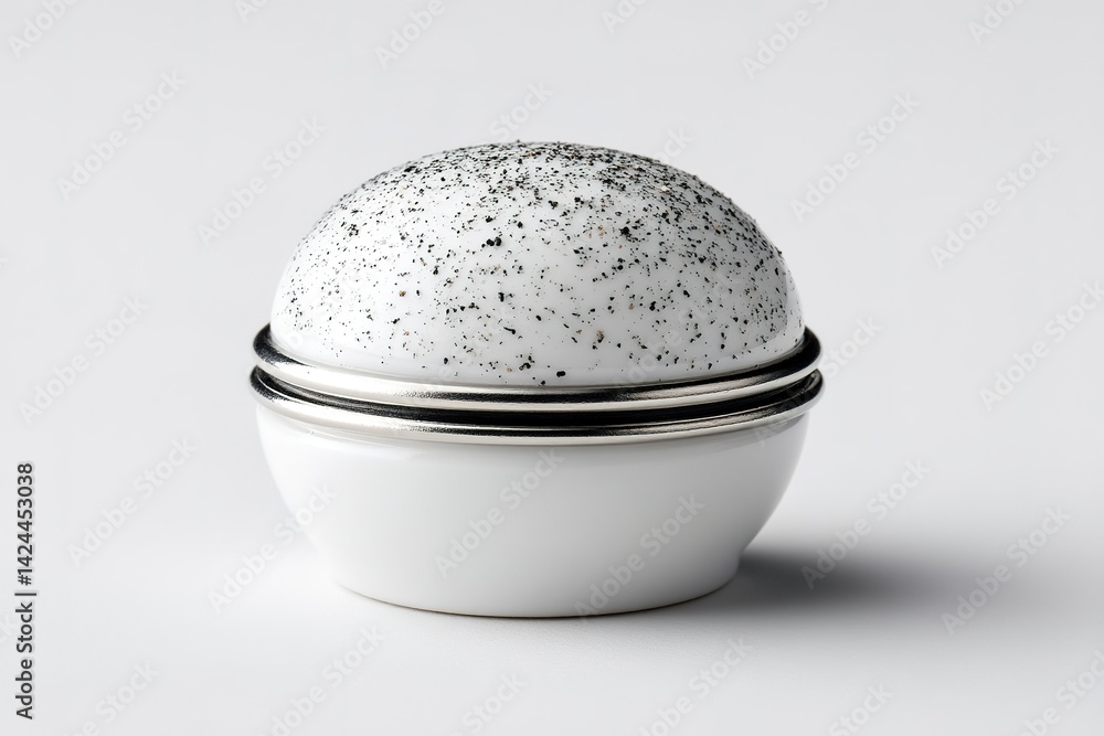 Poster decorative white container with speckled lid on a minimalistic background showcasing modern design e