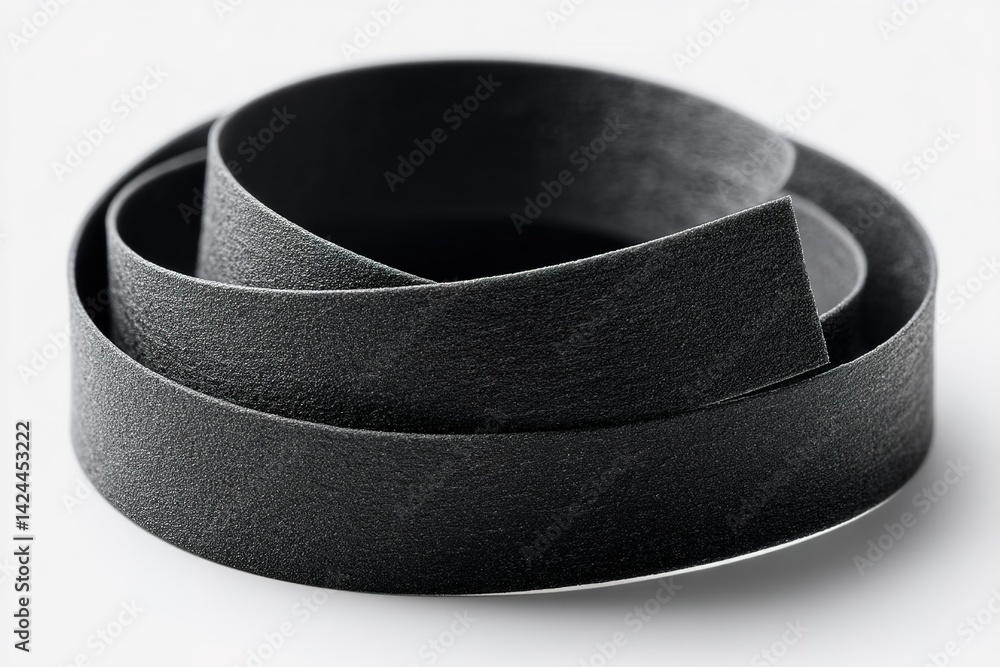 Poster black adhesive tape rolled and twisted on a white background, showcasing texture and flexibility in 