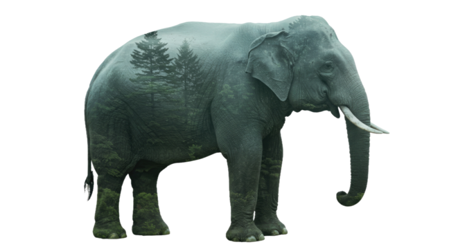 Artistic composition using double exposure to overlay a moody, misty forest scene onto the outline of an elephant. Symbolizes wildlife, nature, mystery, conservation.