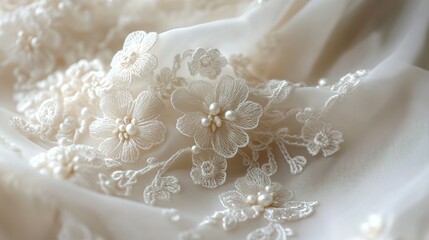 Delicate Pearl Embroidered Floral Lace on Ivory Fabric