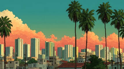 Pixelated City Sunset Palms