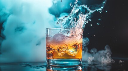 Splash of water hitting glass with whiskey