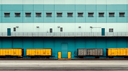Obraz premium Warehouse and industrial building facade with long row of freight cars