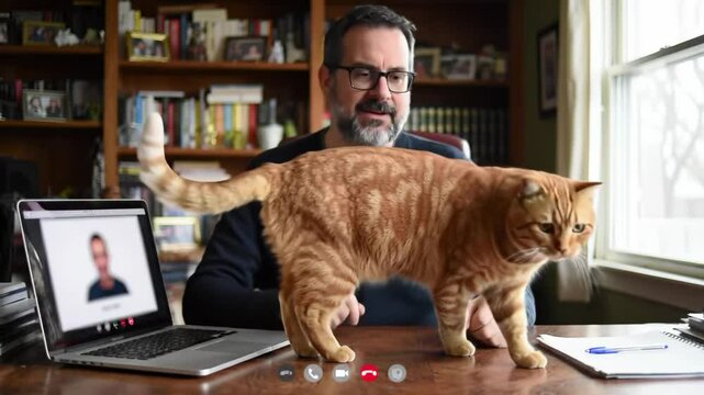 Man on a video call in his home office gets interrupted by his ginger cat walking on the laptop. For remote work, WFH humor, pet owner life. The new normal blend. 4k 60 fps