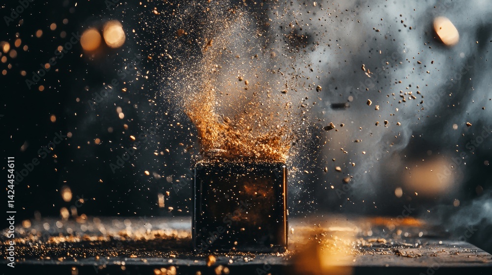 Poster spices exploding from a dark jar in golden light