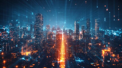 Futuristic cityscape at night with glowing neon lights and digital beams.