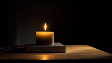 Burning Candle On Book In Dark Room