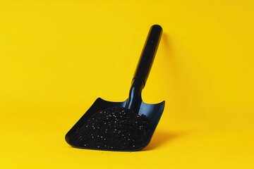 Black shovel filled with small, dark particles against a vibrant yellow background.