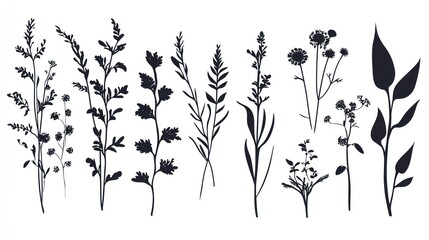 Wildflowers, foliage silhouettes, meadow, nature, design elements