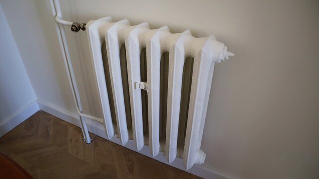 White cast iron radiator mounted on a wall, connected to central heating pipes, inside a modern apartment with wooden flooring. Classic heating system design in a residential interior.