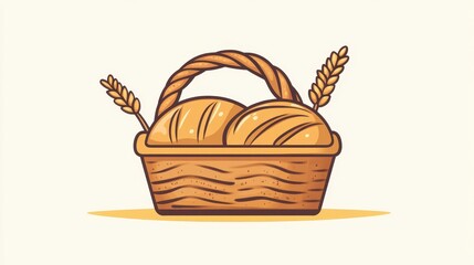 A wicker basket overflowing with freshly baked loaves of bread and wheat sprigs.