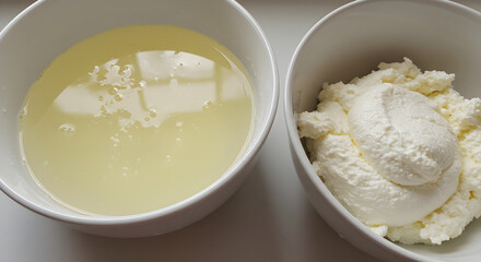 Homemade Ricotta Cheese And Whey In White Bowls Ready To Cook