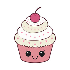 Kawaii Cupcake Cutie – Smiling Cartoon Dessert with Cherry