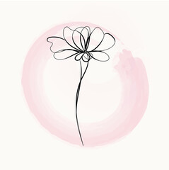 Elegant Minimalist Line Art Flower on Pink Watercolor Background