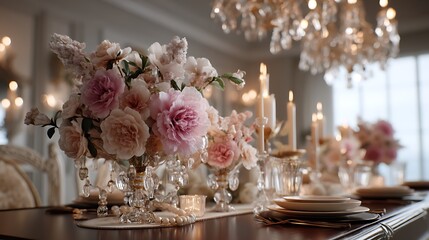 A refined Mothera??s Day card with soft floral designs on a rich mahogany dining table, surrounded by soft candles and crystal chandeliers overhead, captured in