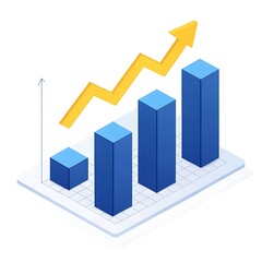 Fototapeta premium Upward Trending Graph Blue Columns & Arrow on Isometric Grid, White Background